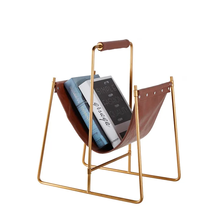 Light luxury soft decoration, wrought iron brown leather magazine rack, post-modern European home decoration