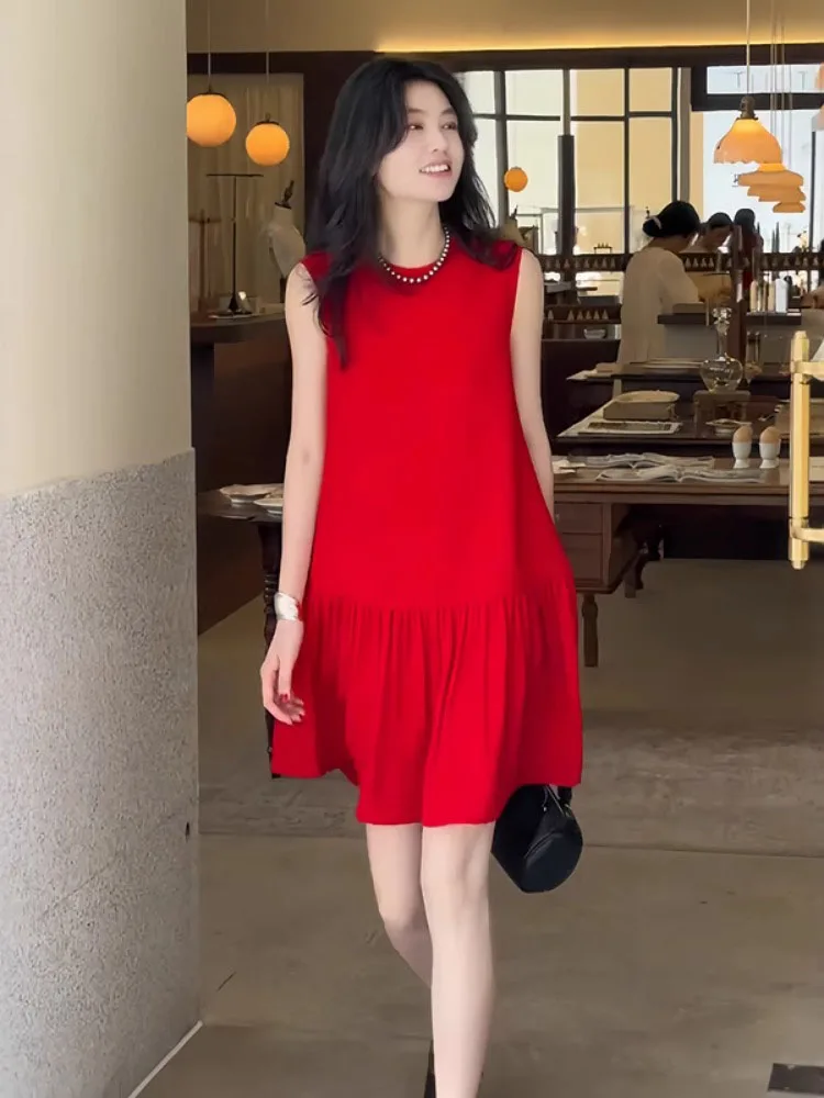 

Ele Red round Ne Svel Vest Dr Women Summer Loose Faionable White Enhancing Midi Skirt Korean Sle High Waist