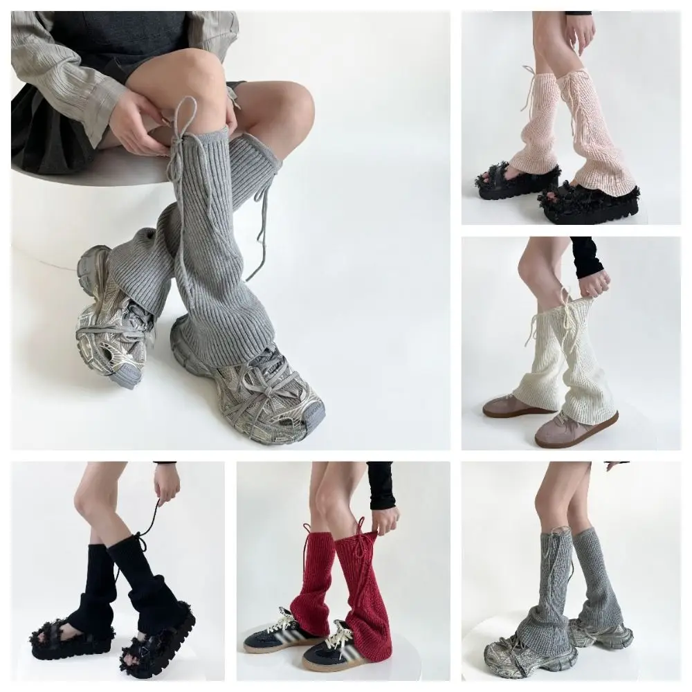 

Pile Pile Socks Lace Up Bowknot Leg Cover Y2K Elastic Knitted Foot Cover Harajuku Style Soft Knee High Girls Socks Student
