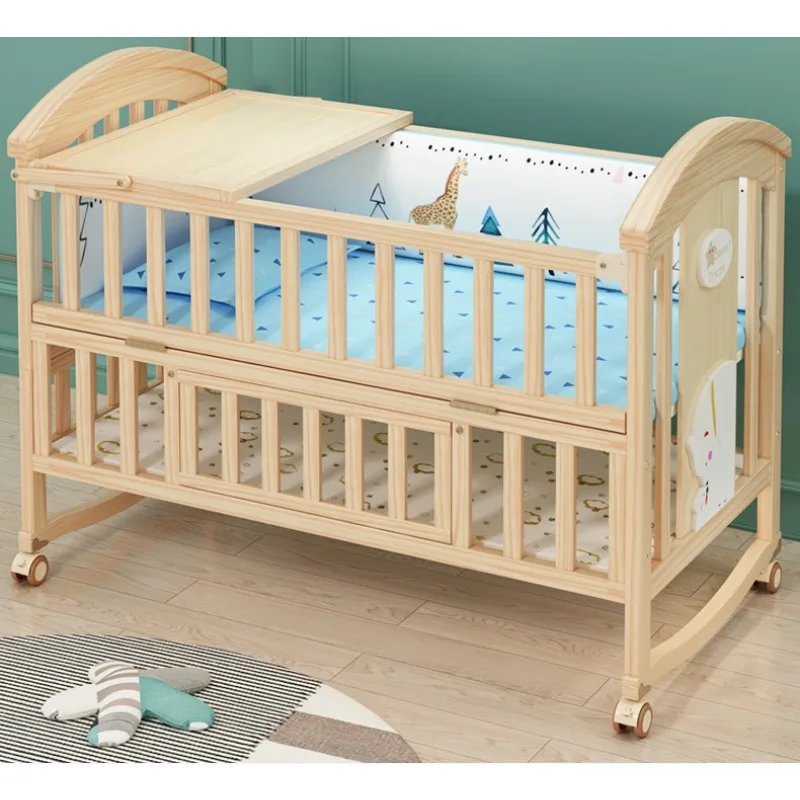 Comfortabel babybedje, massief hout, beweegbaar, met luiercommode en klamboe, multifunctioneel babybedje, in hoogte verstelbaar