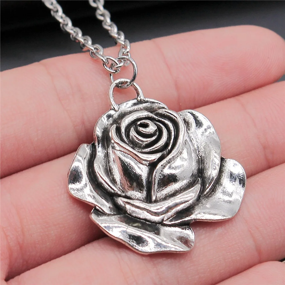 Antique Silver Color 36x33mm Rose Pendant Necklace For Women Men Long Chain Necklace