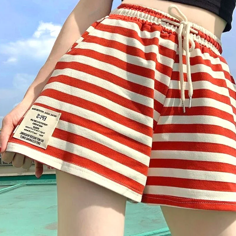 Women's Clothing Red Stripe Shorts Summer New Drawstring Waist Wide Leg Korean Style Casual Comfortable Trendy Pants