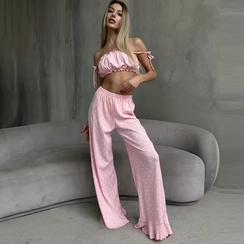 

Летний сексуальный комплект из жилета и брюк с принтом сердца Pure Desire, комплект домашней одежды из тонкого материала, длинные брюки без свера, повседневная сцена