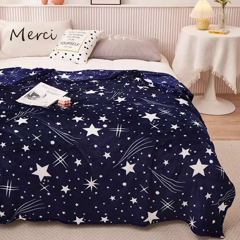 

Blue Starry Sky Printed Flannel Blanket Bedding Room Coral Velvet Bed Carpet Lunch Blanket Travel Single Double Cover Carpet