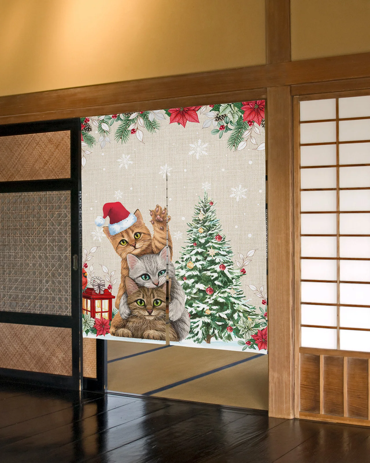 Christmas Theme Chimney Gift Cartoon Santa Claus Door Curtain Japanese Kitchen Doorway Partition Curtain Noren Hanging Curtain