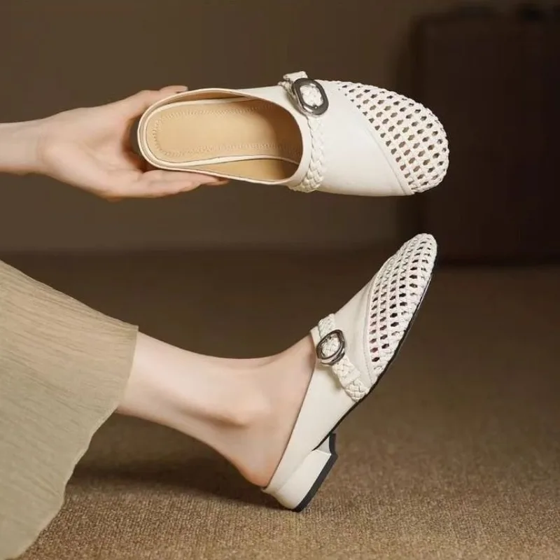 

Женские тканые полые полутапочки Baotou на улице летом с юбкой, крутые слипоны на толстом низком каблуке