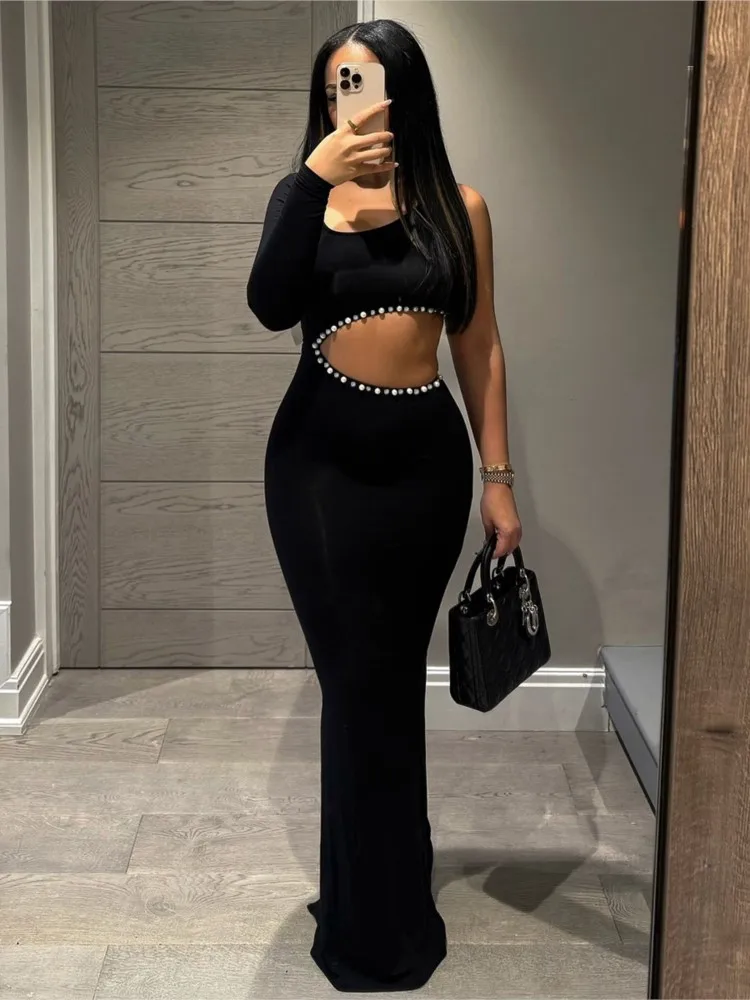 

Waist Hollow Dress Vestidos Dresses 2025 Woman One Shoulder Sleeve Slim Hot Diamonds Off Shoulder Solid Color Sexy Temperament