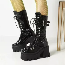 Chunky Platform Leather Medium Boots Women's Retro Punk Height Increasing Gothic Punk Knight Boots Ladies Lace Up Booties Winter