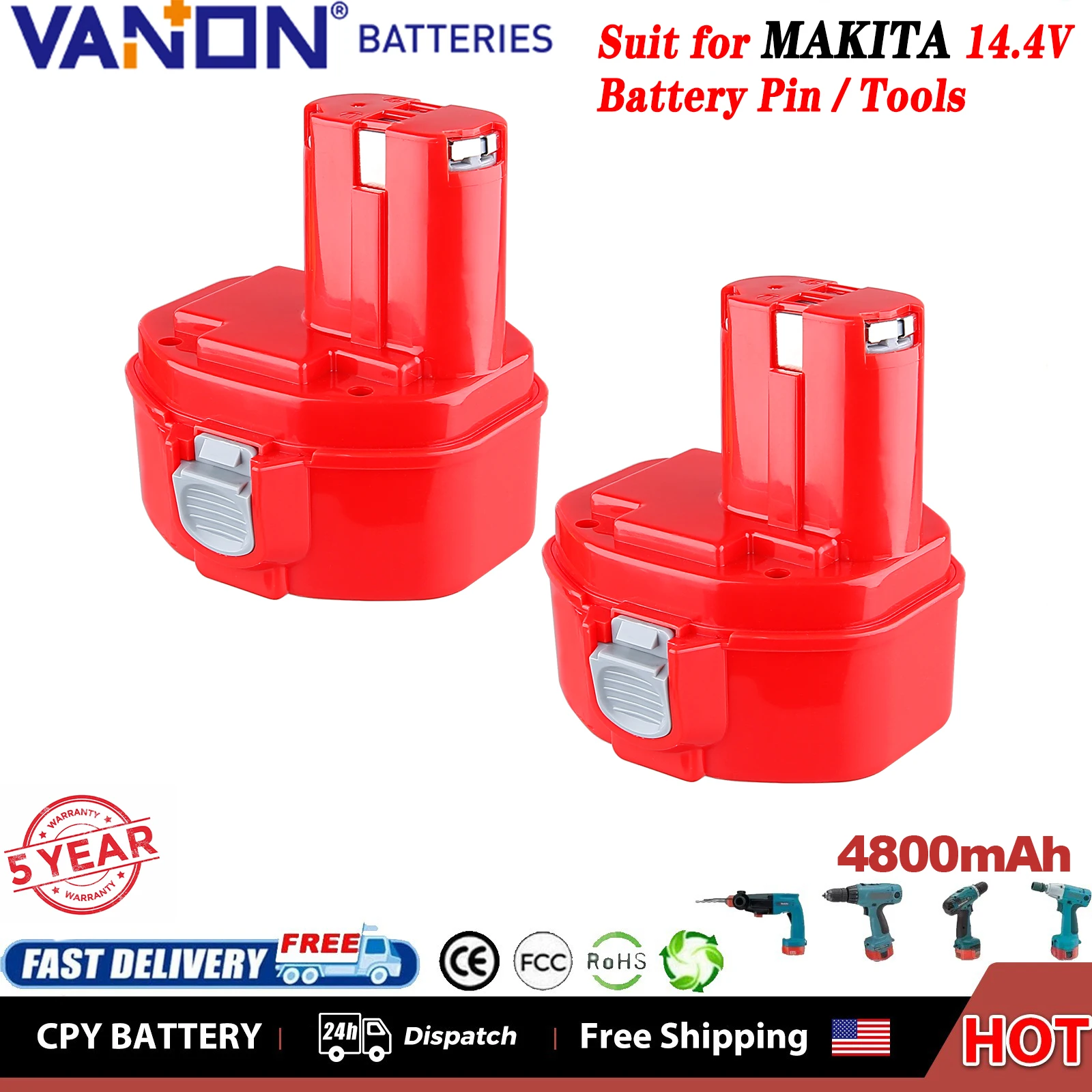 

VANON, 2 шт., 14,4 В, 4,8 Ач, Ni-MH, замена штифта для аккумулятора Makita 1433 PA14 1422 1420, совместимая с аккумуляторным электроинструментом Makita