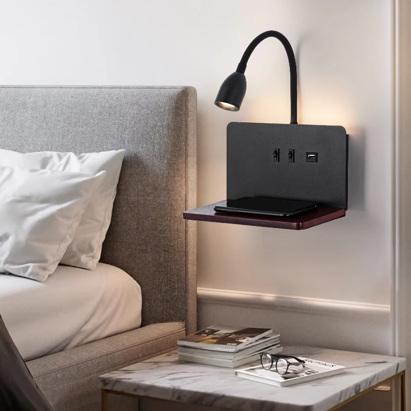 LED 나무 무선 충전 벽 램프, USB 소켓, 스위치가 있는 회전식 램프 헤드, 실내 침대 옆, 거실, 공부 조명