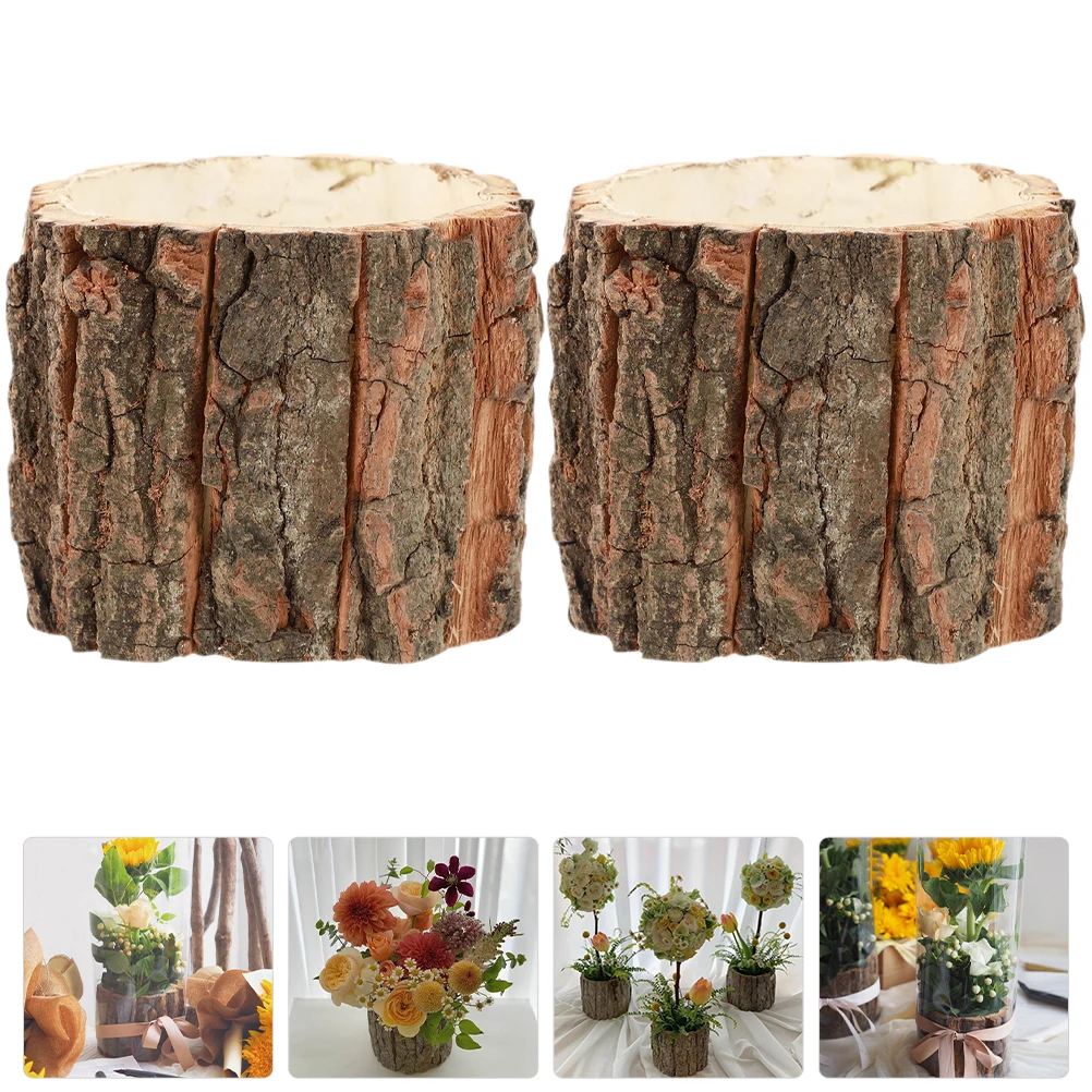 

2 Pcs Wood Tree Stump Flower Pot Bark Flower Bucket Outdoor Planter Small Pot House Plants Wooden Barrel Decorative Pots Vase