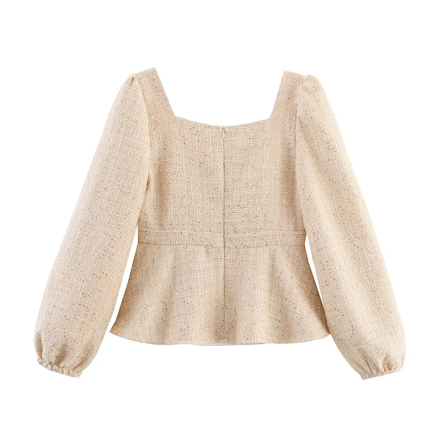 2 pieces 1 Set 2025 Autumn Sequins Beading Tweed Square Collar Puff Sleeve Pullovers Shirt + High Waist Long Straight Pants Suit