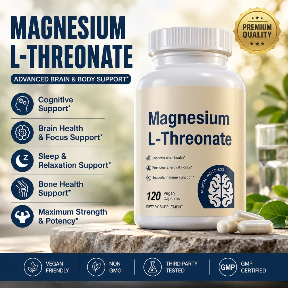 Magnesium L-Threonate 2000mg 120 Vegan Capsules - Brain Health Supplement - Energy Focus Immune Support Non-GMO GMP Dietary