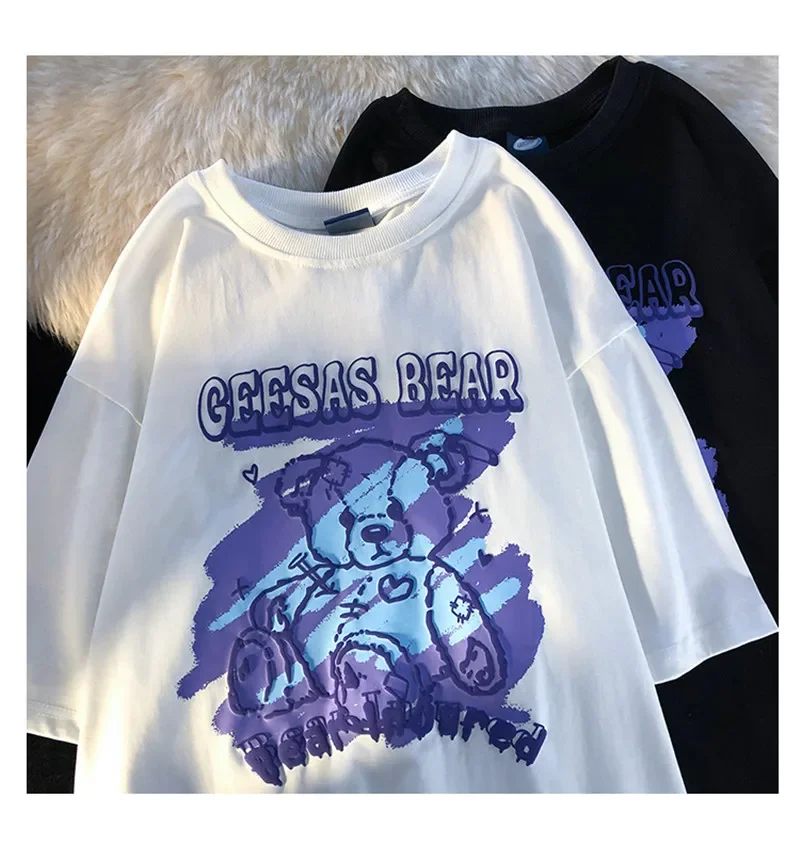 Kawaii Doodle Bear Print Women Oversized T Shirt Letters Vintage Streetwear Cartoon T-Shirt Harajuku Female Tops Tee Y2K