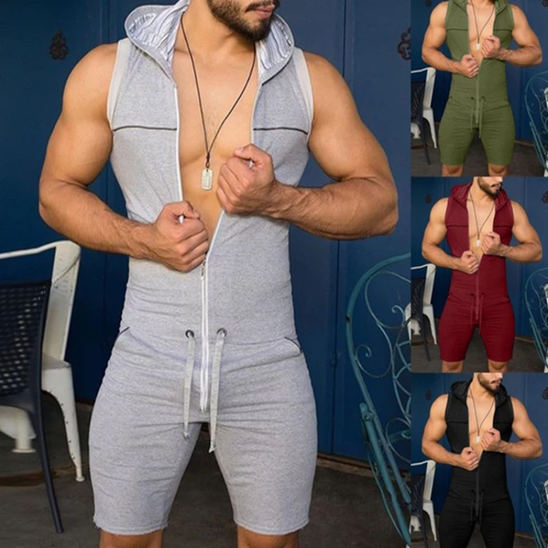 

Onesies for Adults Men One Piece Tight Fitness Jumpsuit Sleeveless Hooded Rompers with Pockets Male Fashion Rompers Pajamas