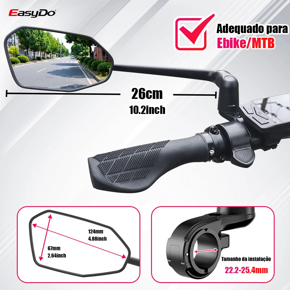 Easydo espelho retrovisor para guidão de bicicleta elétrica, espelho retrovisor com rotação 360, braço de espelho estendido para ciclismo de montanha e estrada Easydo espelho retrovisor para guidão de bicicleta elétrica, espelho retrovisor com rotação 360, braço de espelho estendido para ciclismo de montanha e estrada