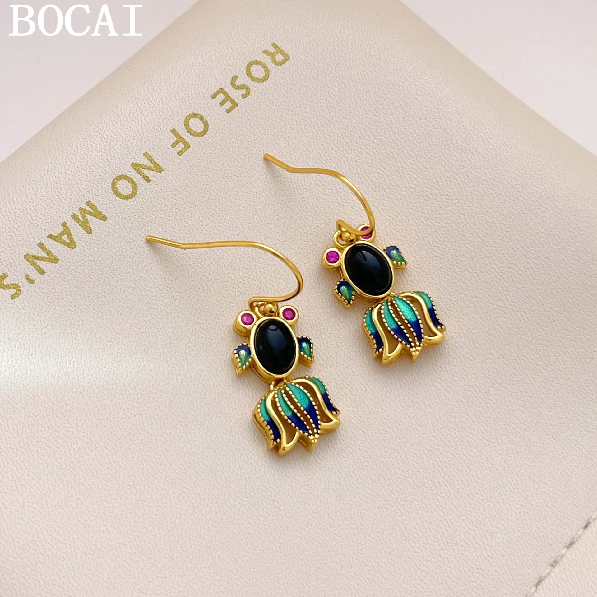 

BOCAI NEW S925 Pure Silver Cute And Fashionable Enamel Agate Small Fish earrings