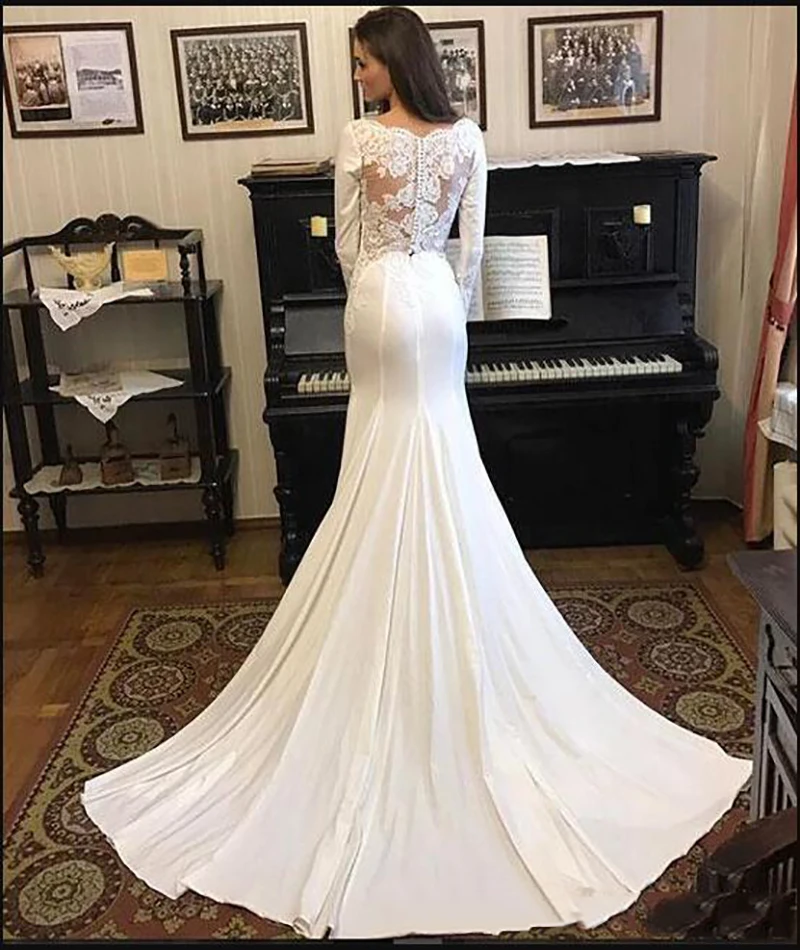 OYISHA Simple Mermaid Long Sleeves Wedding Dresses Scoop-Neck Appliques Lace Satin Bridal Gowns Buttons Design Vestidos De Novia