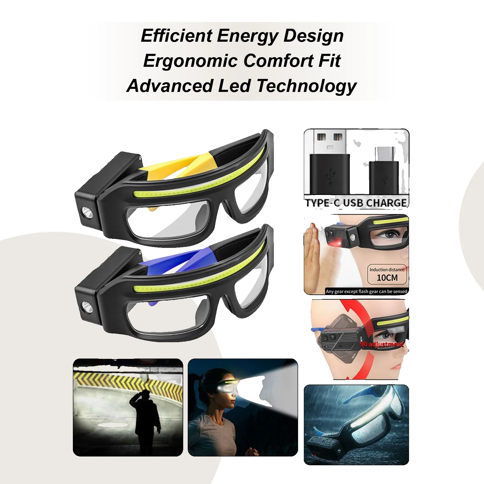 

Safety Glasses With Lights Mountain Biking Glasses Safety Goggles With TYPE-C Light Anti Fog For Welding Riding Motorcycle