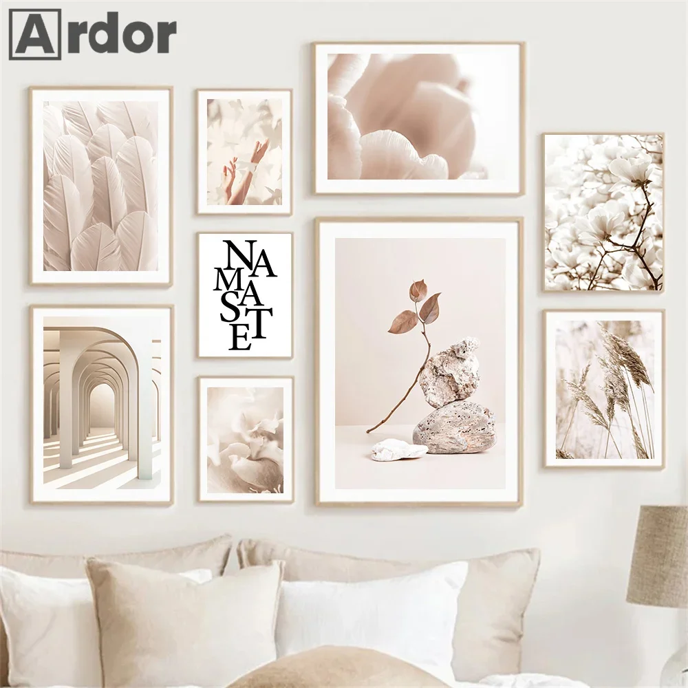 Beige Floral Rose Dahlia Palm Leaf Hand Wall Art Canvas Painting Nordic Posters And Prints Wall Pictures Living Room Home Decor
