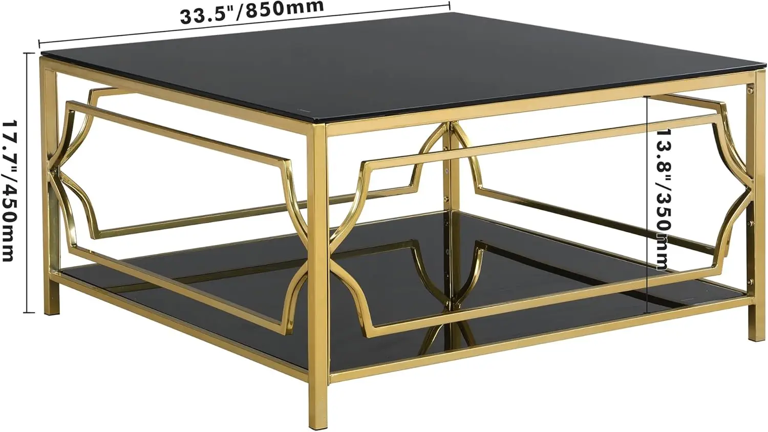 33.5" Modern 2-Tier Square Coffee Table - Glass Table with Metal Base, Center Accent Table for Small Space/Living Room/Bedroom