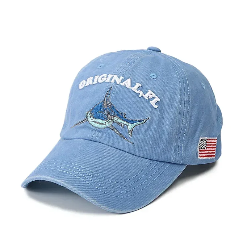 Embroidery Washed Cotton Shark Dad Hat for Men Vintage Baseball Cap Hip Hop Curved Fishing Cap Summer Fish Snapback Women Hat