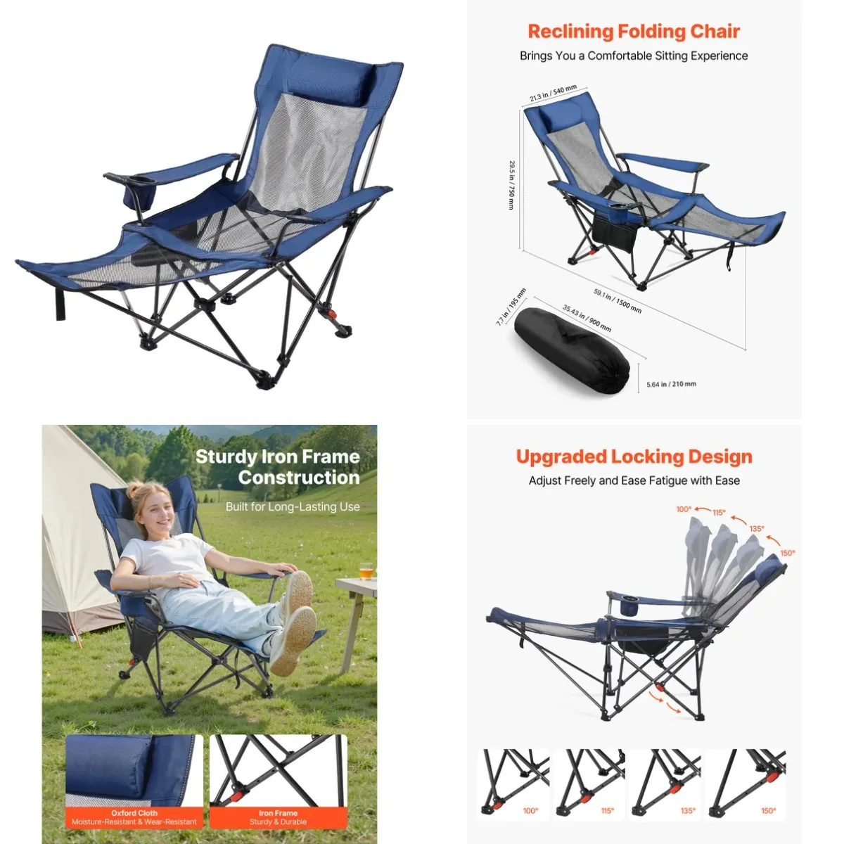 Reclining Camping Chair, 4 Adjustable Positions, Portable Folding Lounger for Adults, Mesh Beach Chair with Headrest & Foot Rest