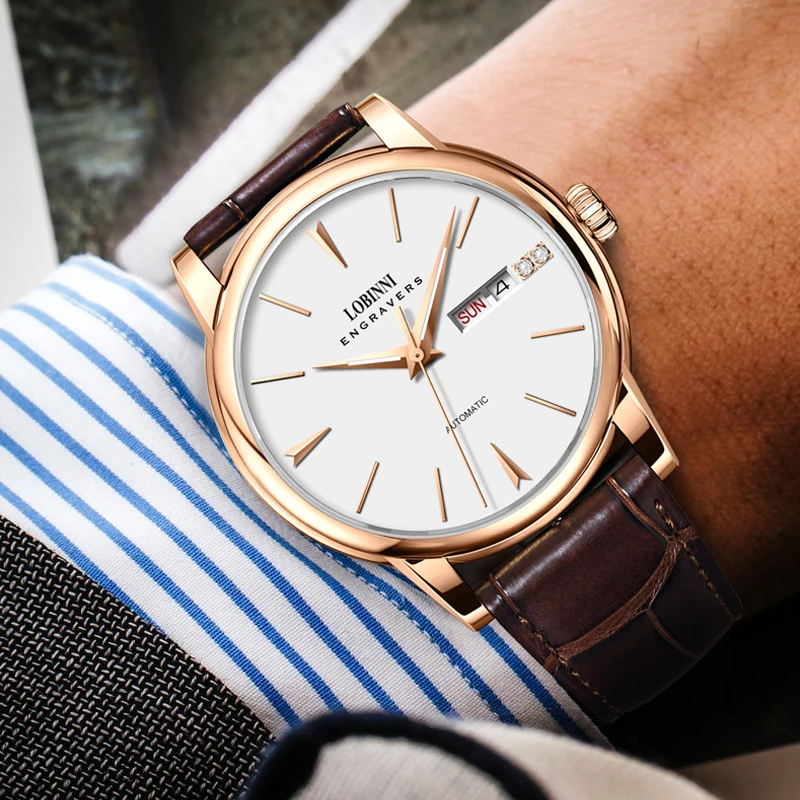 LOBINNI جديد رجال الأعمال التلقائي ساعات آلية ميوتا 8205 حركة الساعات الياقوت مرآة مقاوم للماء 50 متر على مدار الساعة