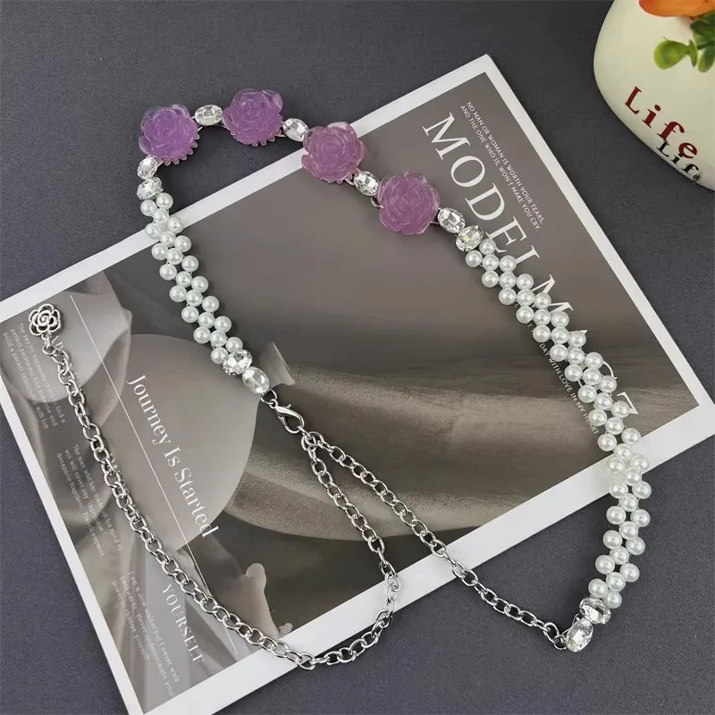 Women's Vintage Pearl Knitted Flower Chain Corset Female Cummerbund Coat Waistband Dress Decration Narrow Belt J1742