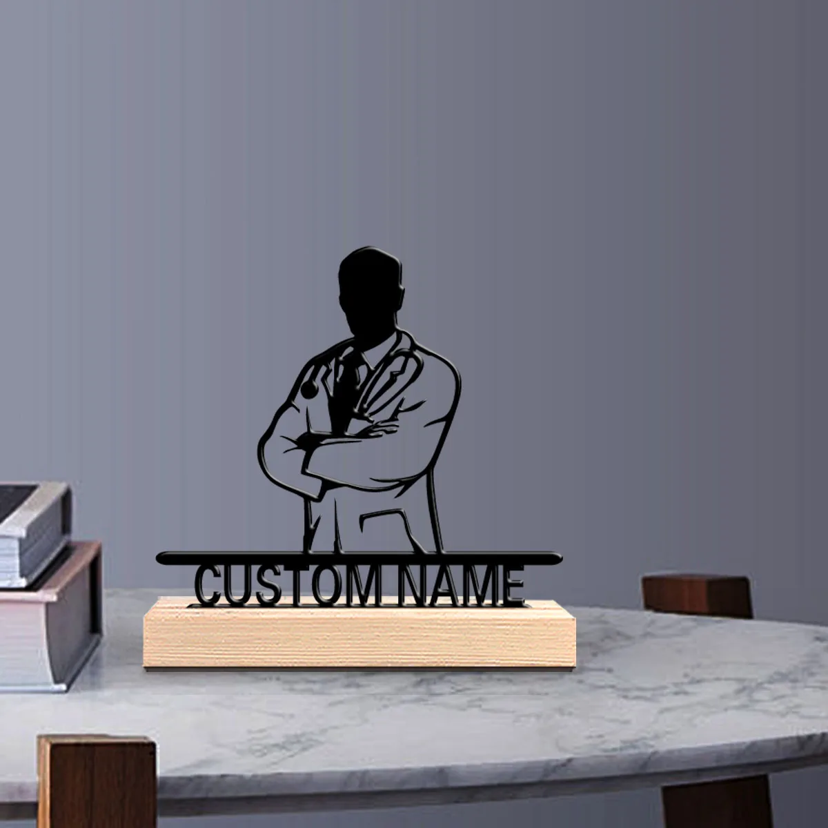 1pc Fashion Personalized Custom Doctor Metal Statues Metal Art With Wooden Base Desktop Decorative Art, Office Decoration