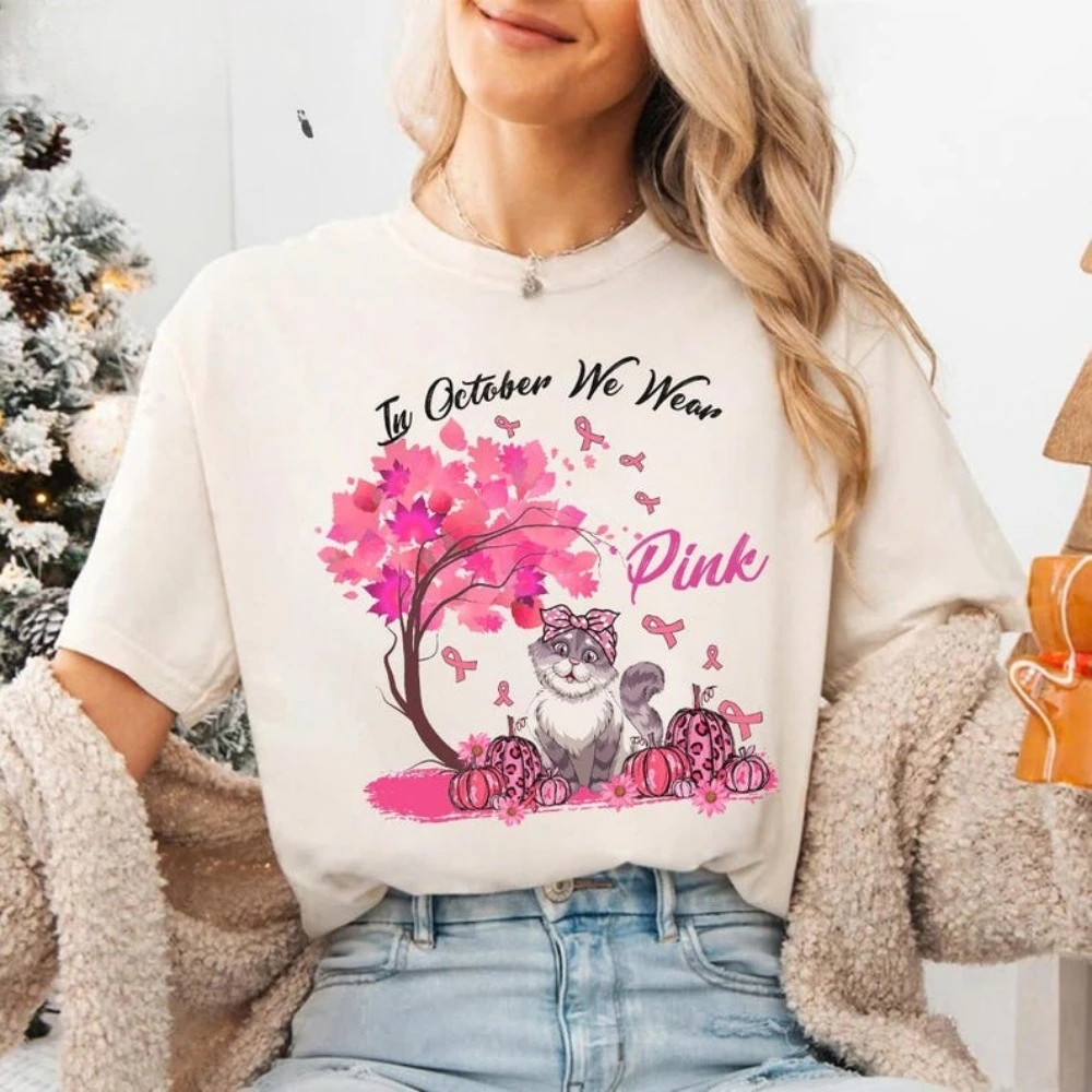 

In October We Wear Pink Shirt Breast Cancer Awareness Tees Breast Cancer Survivor Gift for Cat Lover Cat Pink Ribbon Shirt