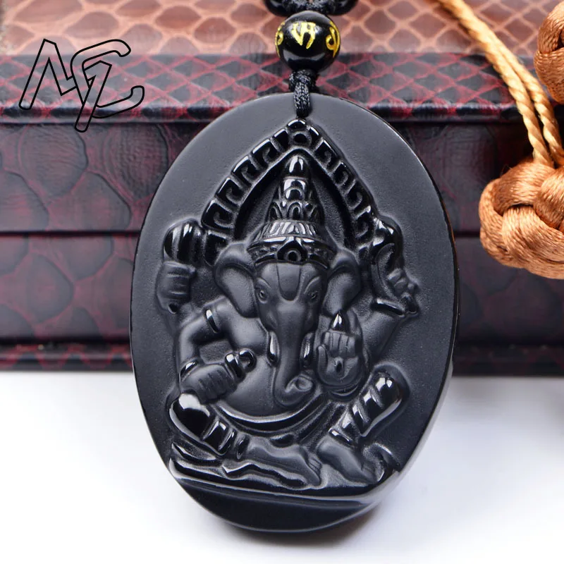 

Natural Obsidian Elephant God Pendant Necklace Man Exquisito Charm Jewellery Fashion Accessories Hand-Carved Luck Amulet Gifts