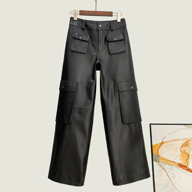 M-3XL Women's Genuine Leather Pants Fashion High Waist Straight Overalls Pants Female Black Big Pockets Wide-leg Sheepskin Pants