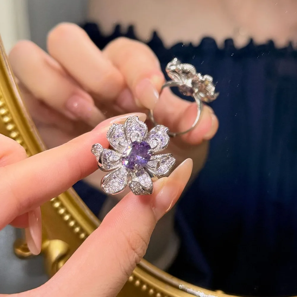 Brillian New Super Beautiful Retro Sparkling Violet Flower Zircon Ring for Women's Wedding Ball Elegant and Noble Jewelry D2876