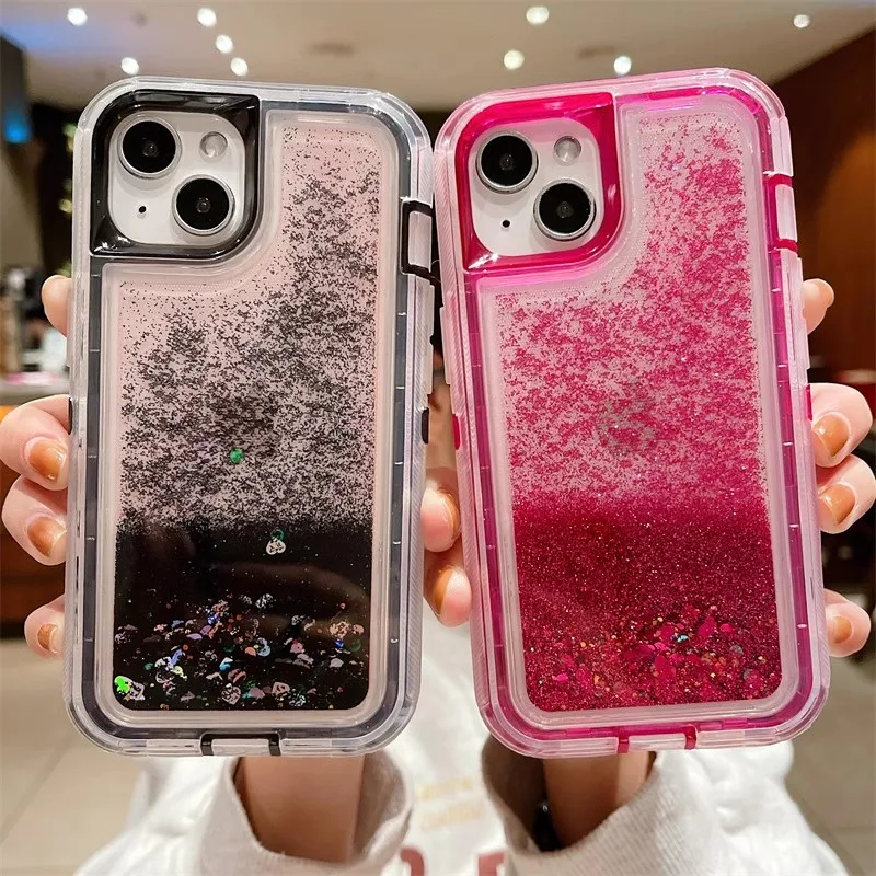 

For 15promax Clear Glitter Quicksand Phone Case For 15 14 13 12 11 Pro Max X Xr Se Liquid 3 in 1 Tpu Full Armor Protection Cover