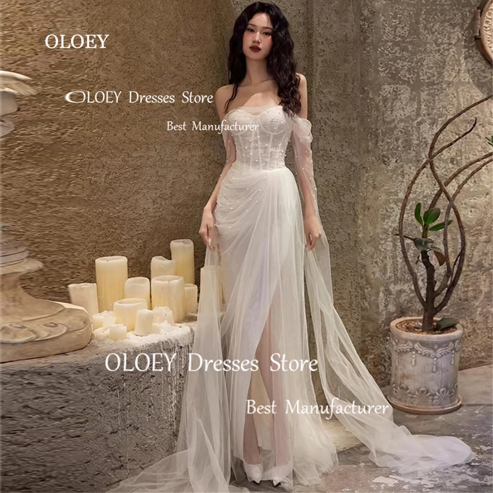 OLOEY Exquisite Ivory Wedding Dresses Photoshoot Pearls Sweetheart Long Sleeves Bridal Gowns Pleated Silky Tulle High Slit