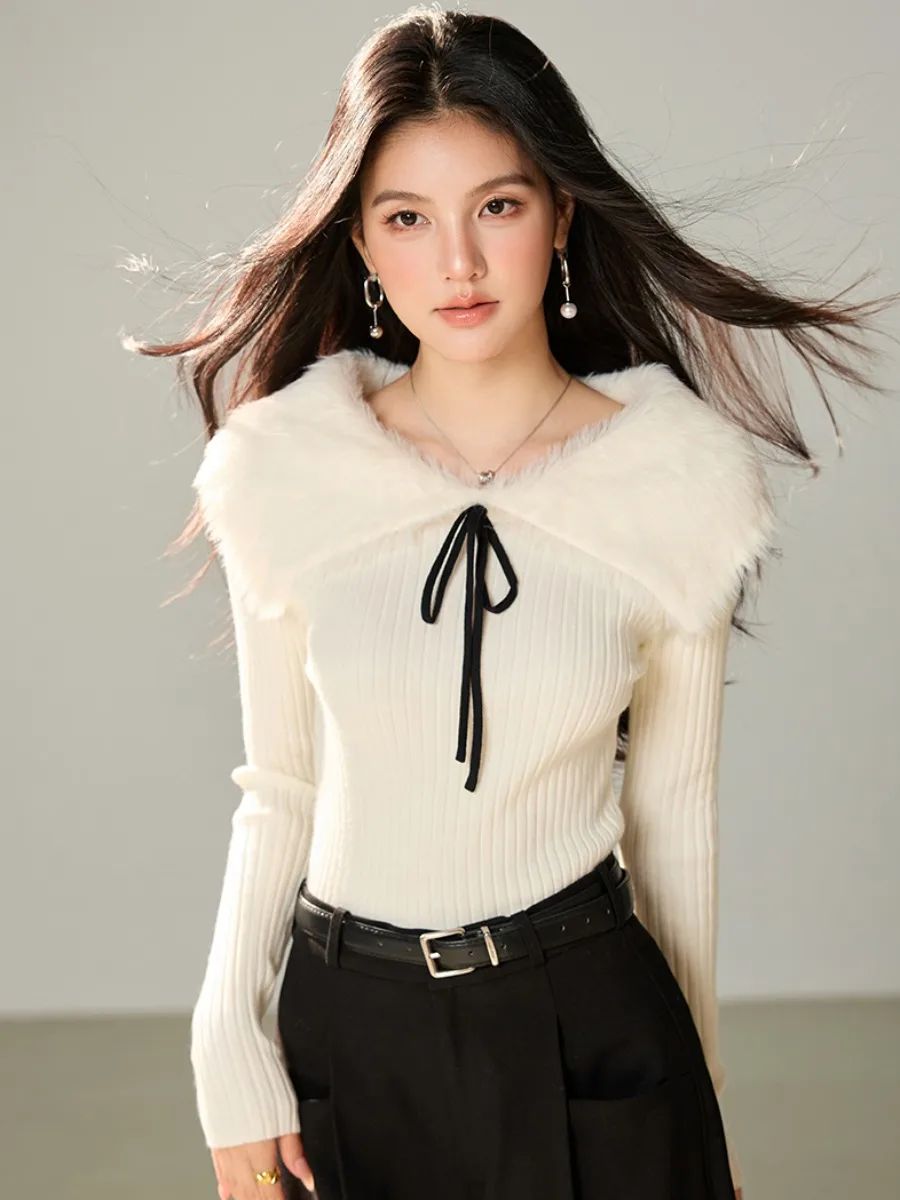 White Long Sleeve Knitted Sweater Women's Slim Fit Shoulder Bared Base Layer  Knot Soft Style Autumn Winter Top