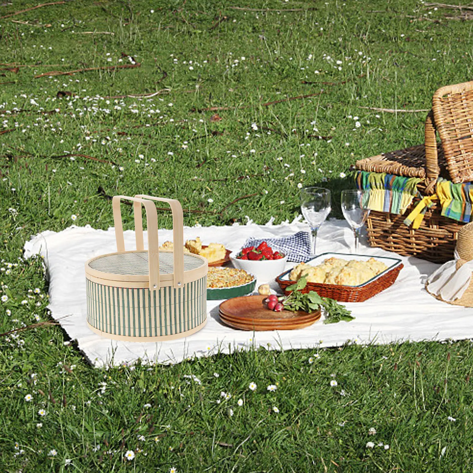

Handwoven Bamboo Harvest Basket for Garden Vegetables Fruit Dessert Picnic Storage Portable Woven Basket with Comfortable Handle
