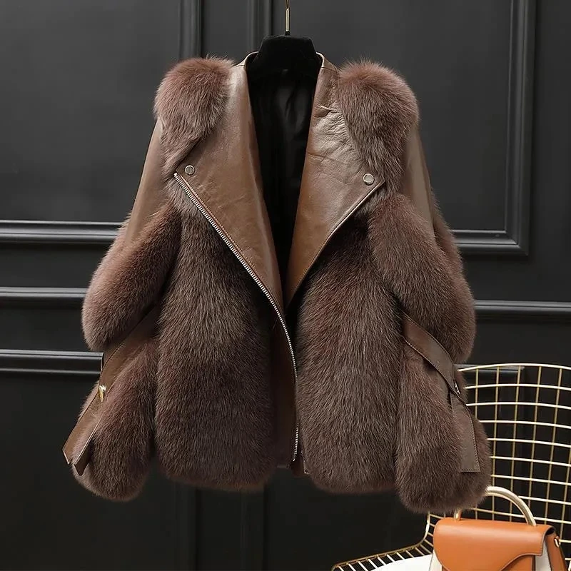 New Autumn Winter Imitation Fox Fur Jacket for Women's Fashion Loose Short Zipper Faux Fur Coat Female Motorcycle Jackets