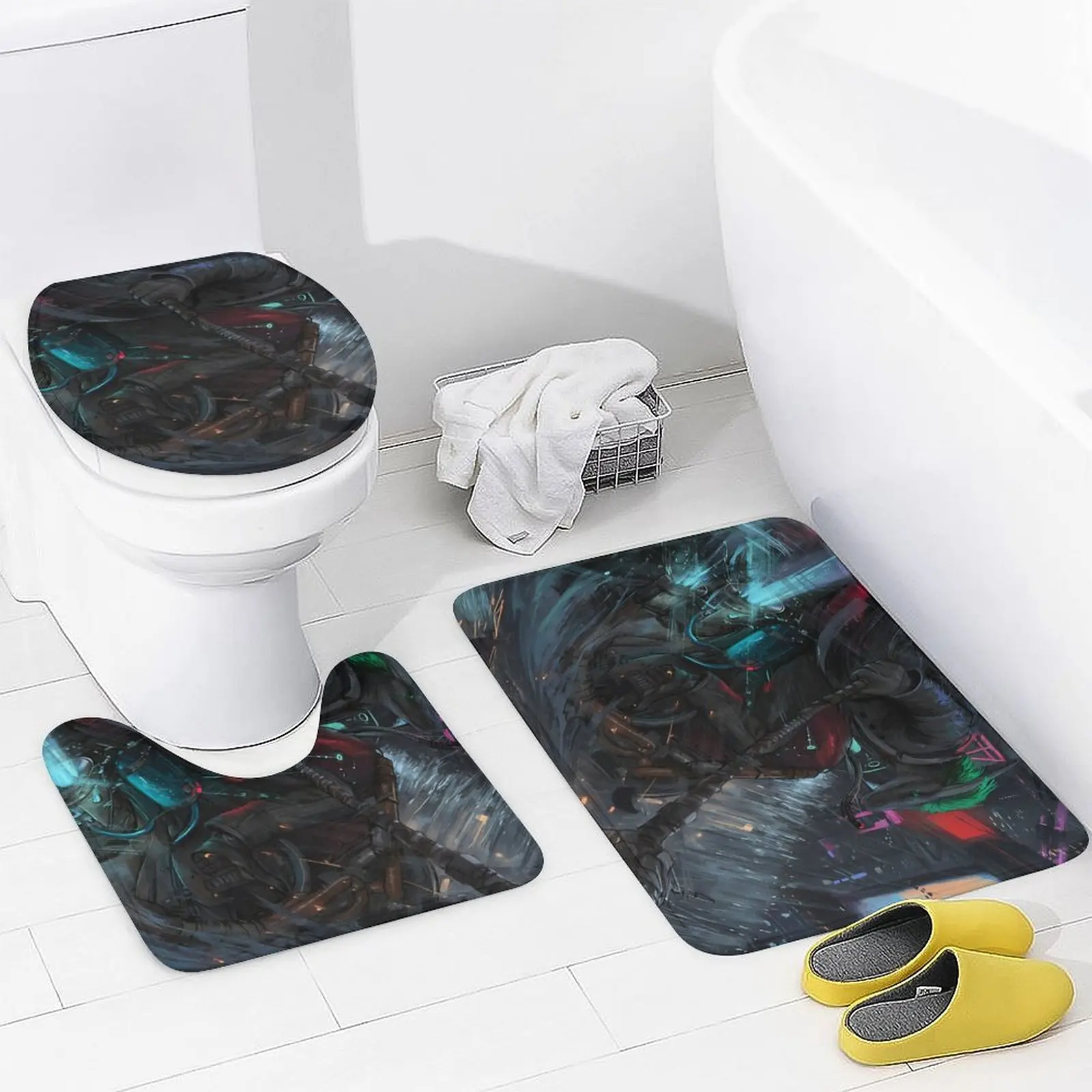 Set of 4 Printed Shower Curtain Decoration Bathroom Waterproof Cover Screen Cushion Toilet  Cover