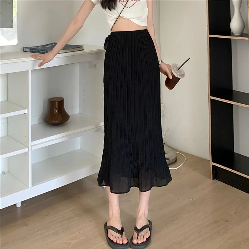 2023 New Summer Fashion Simple Commuting High Waist Covering Belly Casual Mid Length Pleated A-line Wrapped Hip Fishtail Skirt