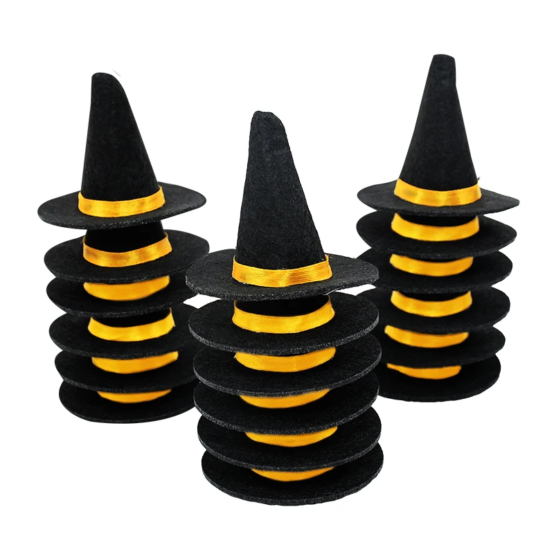 6pcs Mini Felt Witch Hats Wine Bottle Decor for Halloween Party Home Bar Decoration Supplies Handmade DIY Hair Accessories Craft