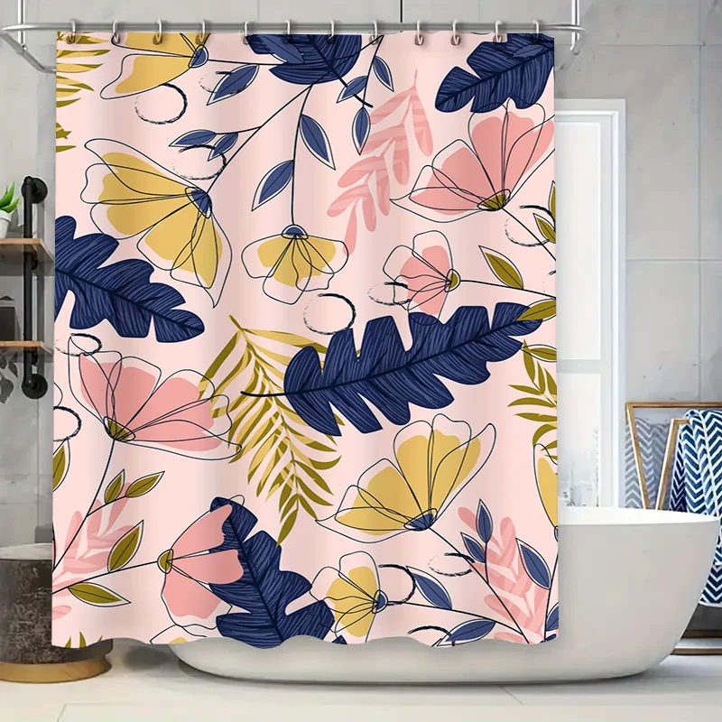 Charming Floral Harmony: Pink, Blue, and Yellow Botanical Pattern Shower Curtain for a Fresh and Natural Bathroom Décor