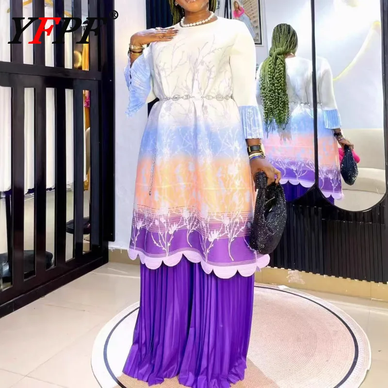 

YFPF 2025 Miyake Pleated Women Set Fashion Colorful Printing Design Mid Length Dress + Wide Leg Trousers Autumn Elegant Clothing