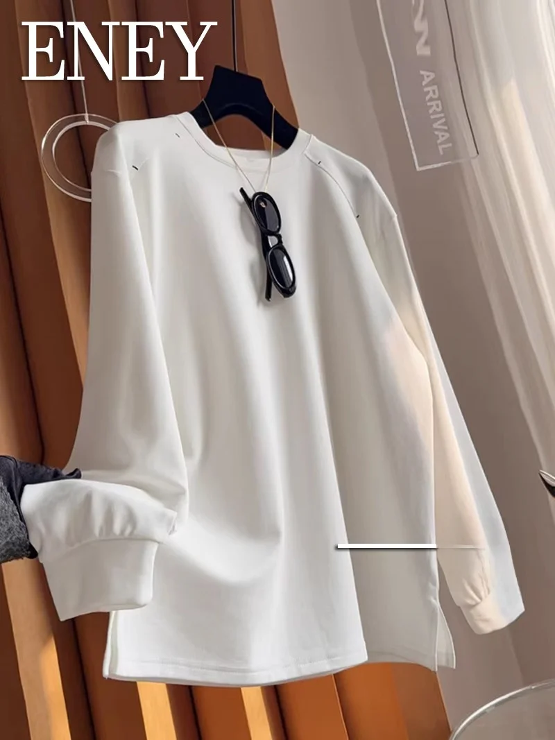 

Утепленная женская футболка больших размеров с длинным рукавом, свободного кроя, скрывающая недостатки фигуры, осенне-зимняя, белая