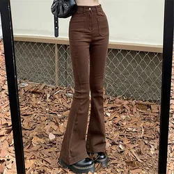 High Waist Stretch Slim Flared Jeans Women Bottom Straight Spring Autumn Brown Denim Pants Female Fashion Streetwear Trousers