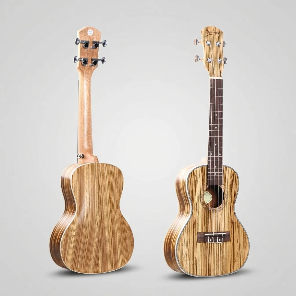 Zebra Wood Soprano Ukulele All Striped, Full Gloss Body Grain, 4 Strings, Silver Closed Tuners, Decorative Rosette for Beginners
