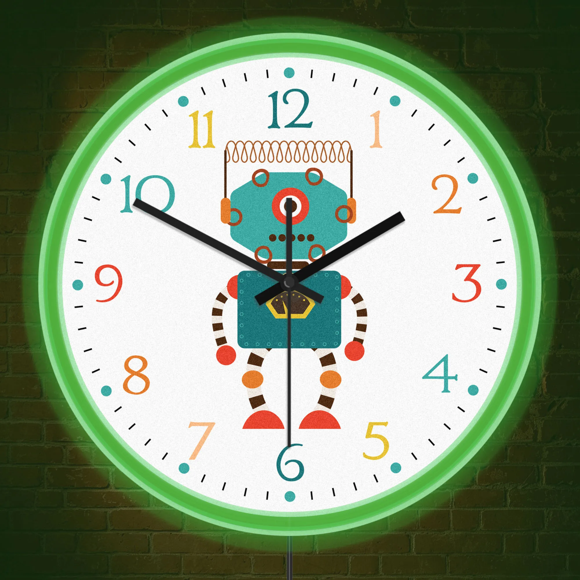 Retro Robot LED Night Light Neon Wall Clock for Nursery Game Room Playroom Sci-Fi Home Decor Illuminated Wall Clock Glow in Dark