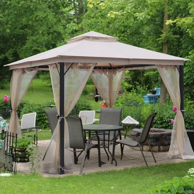 

Outdoor Patio Gazebo 10x10 Heavy Duty Gazebos Soft Top Gazebo with Metal Frame Double Roof Canopy Mosquito Nets Permanent Pavili