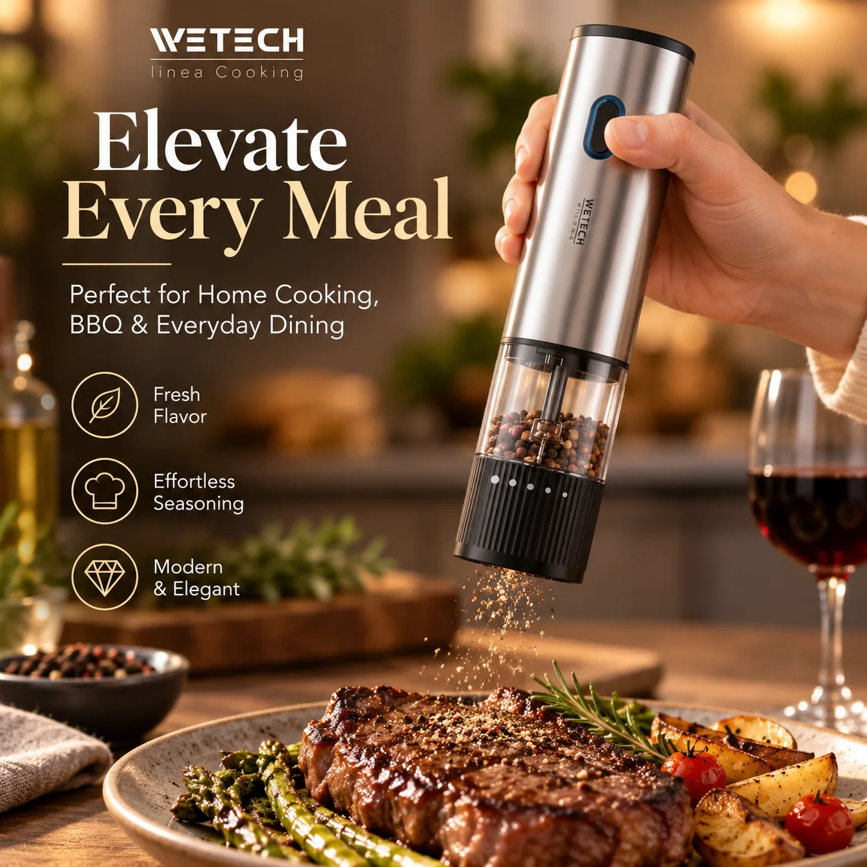 Macinacaffè elettrico WETECH per sale e pepe, ricaricabile tramite USB-C, potenza 5W, macinatura regolabile, corpo in acciaio inossidabile e ABS, macinacaffè automatico per spezie, ideale per cucinare